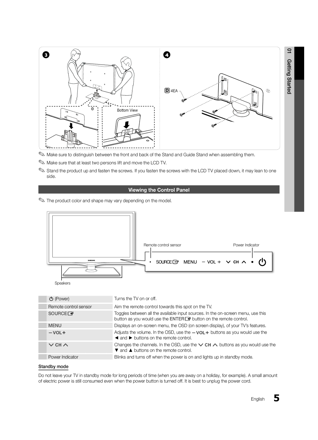 Samsung LN40C540 user manual Viewing the Control Panel, Product color and shape may vary depending on the model 