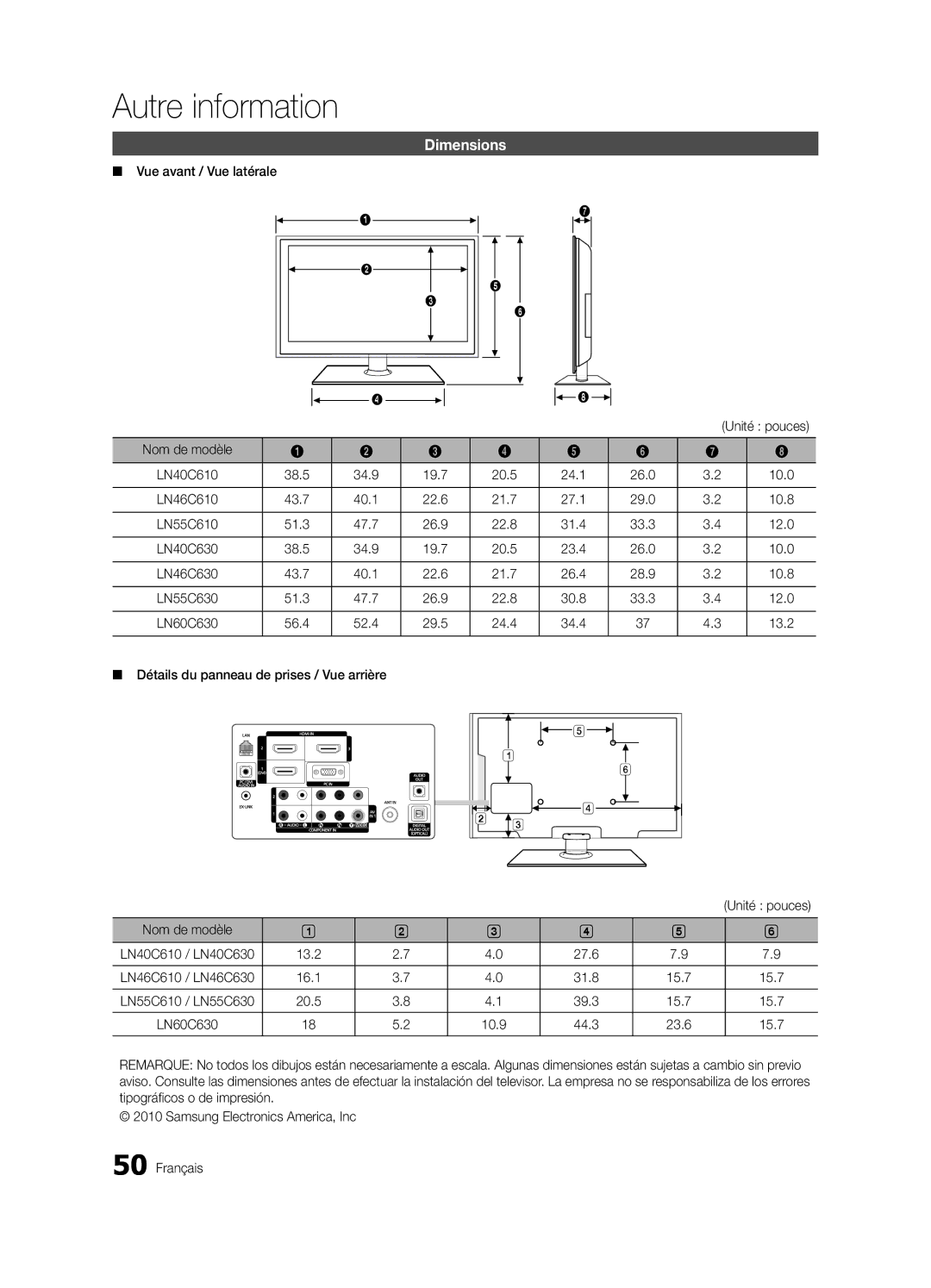 Samsung LN40C610 Vue avant / Vue latérale, Nom de modèle, 24.1 26.0, 27.1 29.0, 31.4 33.3, 23.4 26.0, 26.4 28.9, 30.8 33.3 