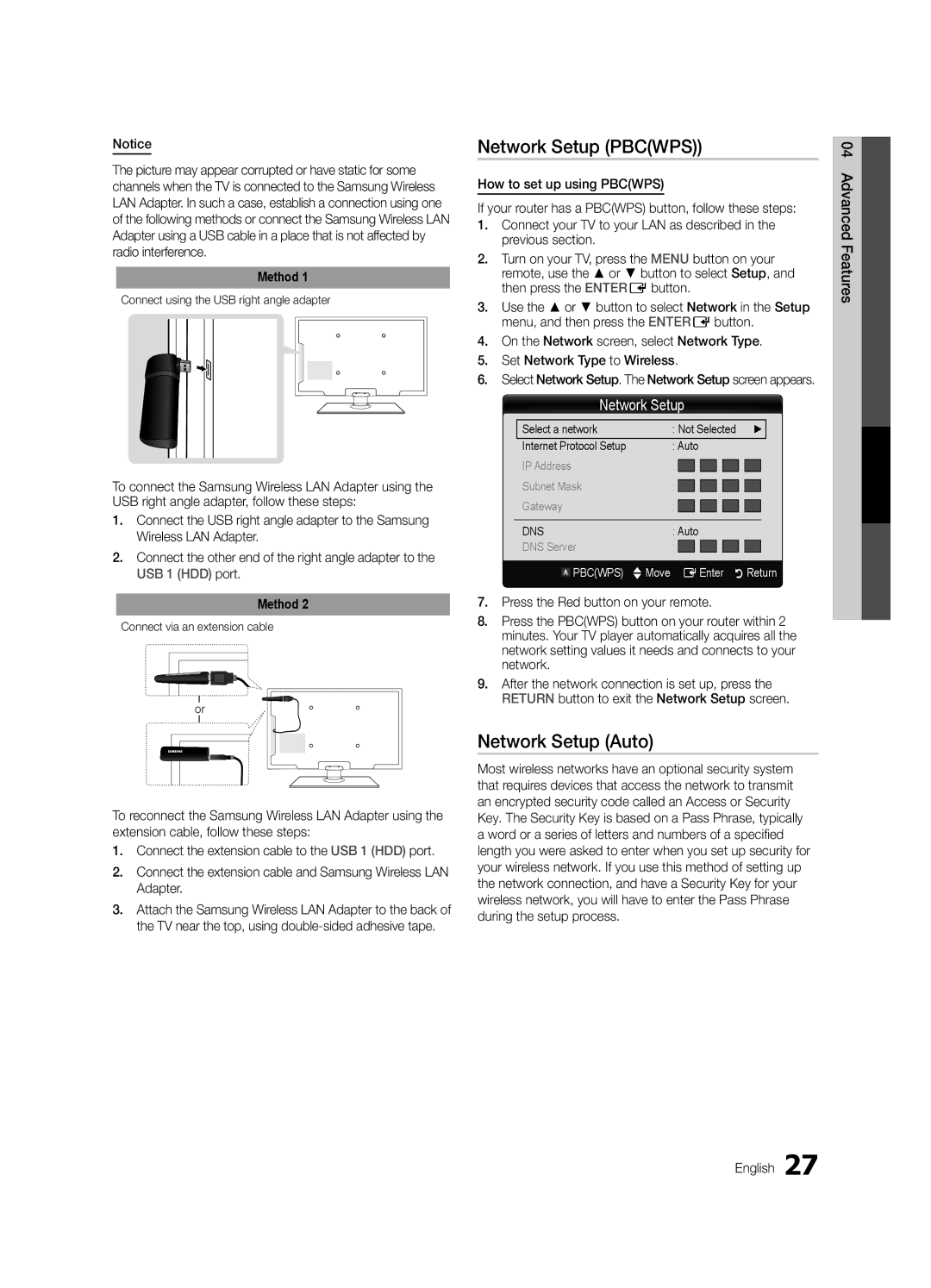 Samsung LN40C610 user manual Network Setup Pbcwps, Advanced Features English, Connect using the USB right angle adapter 