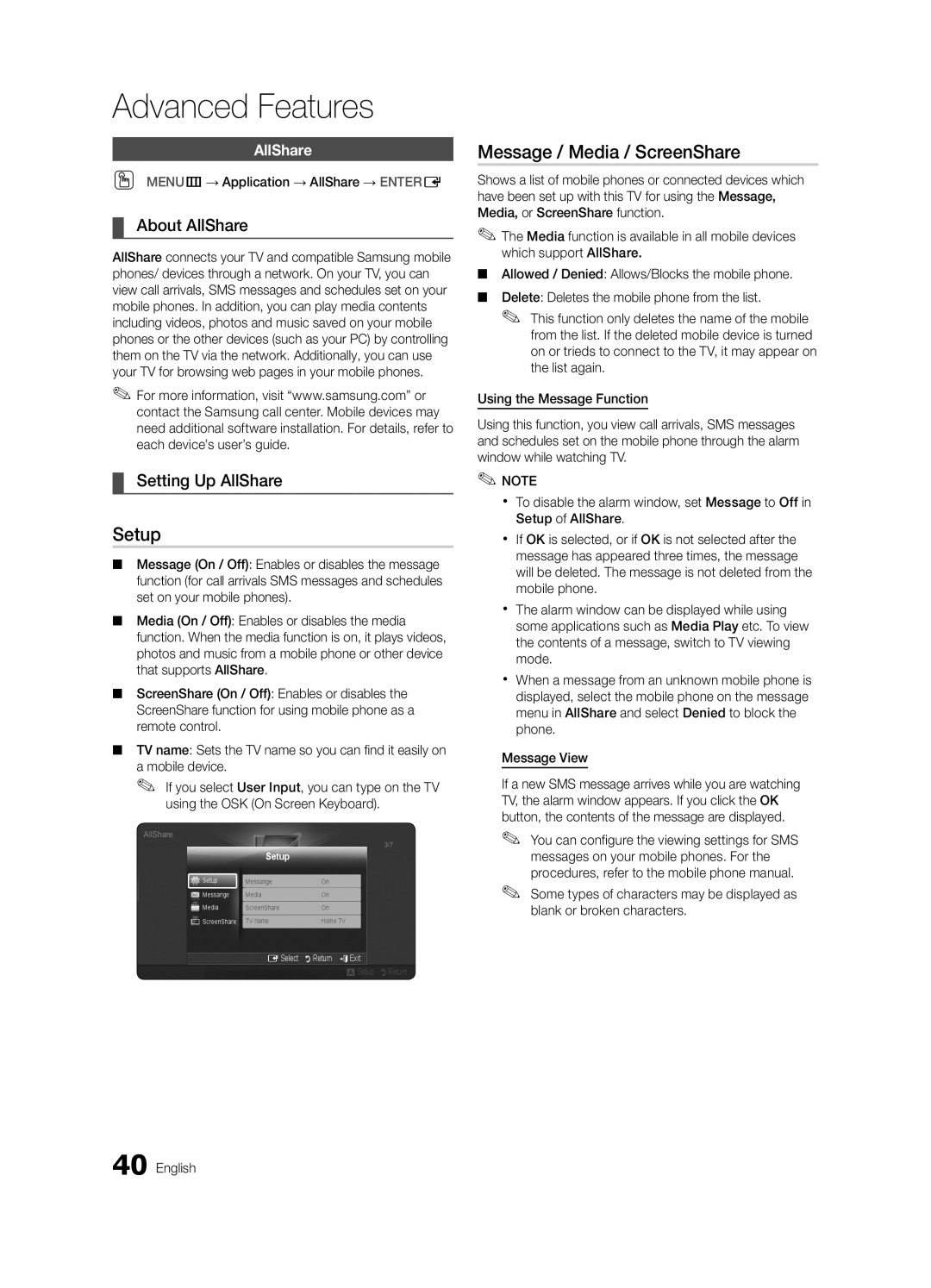 Samsung LN40C610 user manual Setup, Message / Media / ScreenShare, About AllShare, Setting Up AllShare 