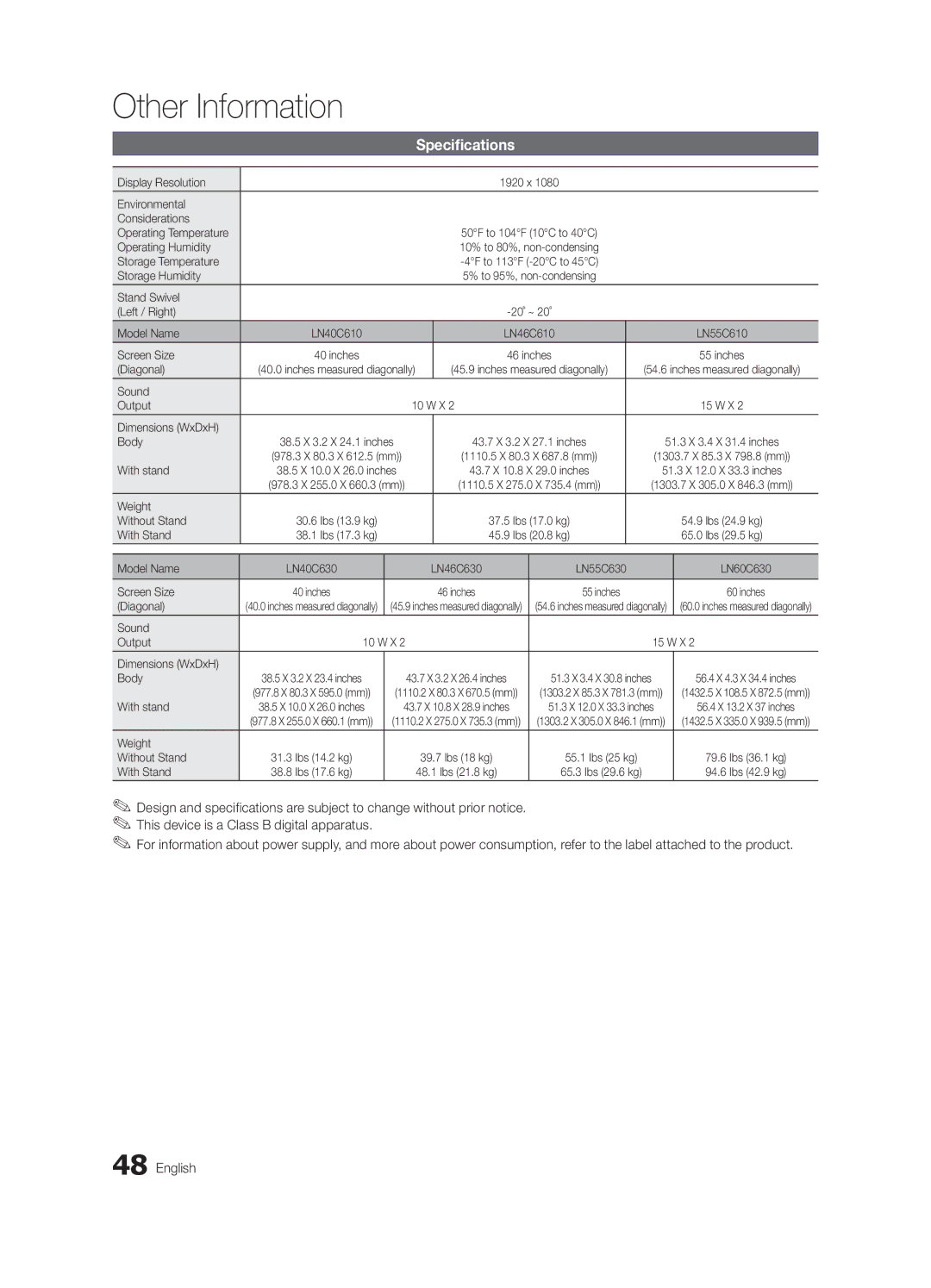 Samsung LN40C610 user manual Specifications 