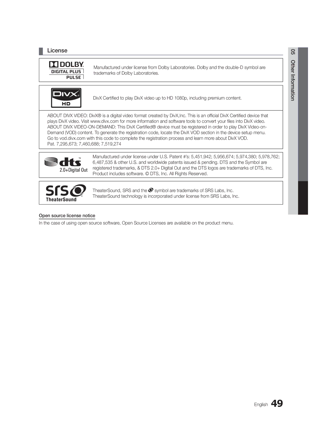 Samsung LN40C610 user manual License 