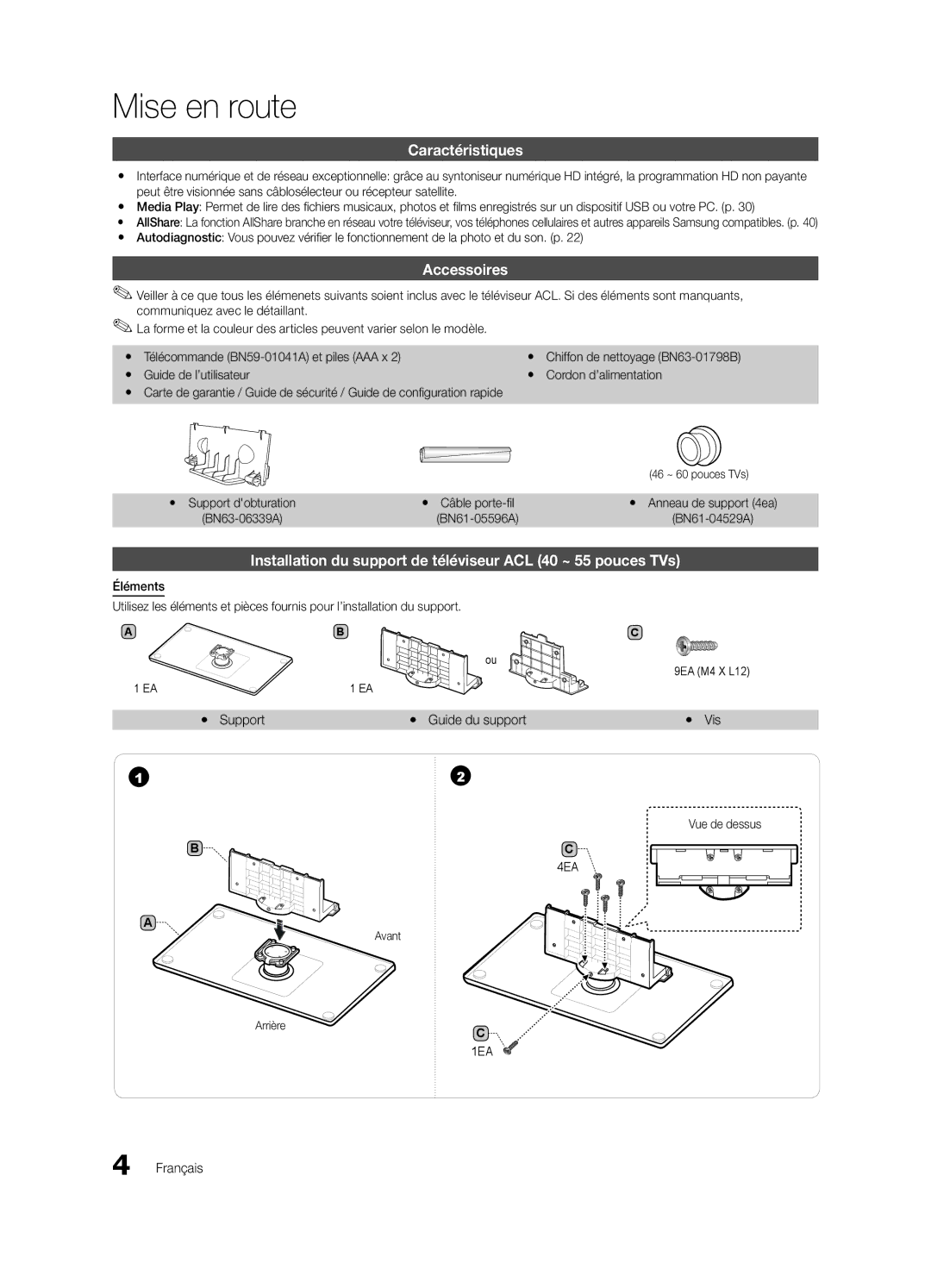 Samsung LN40C610 user manual Mise en route, Caractéristiques, Accessoires, Yy Support Yy Guide du support Yy Vis, Avant 