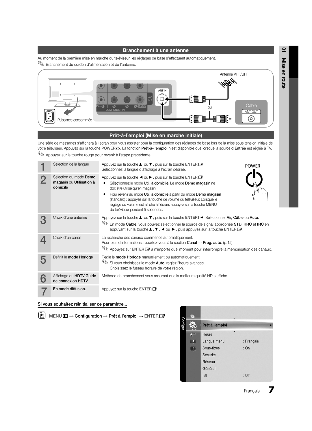 Samsung LN40C610 user manual Branchement à une antenne, Prêt-à-l’emploi Mise en marche initiale 