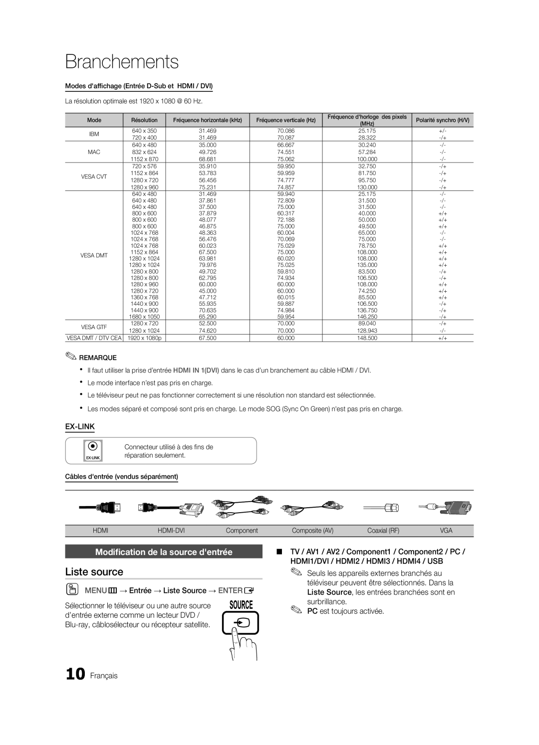 Samsung LN40C610 user manual Liste source, Modification de la source dentrée 