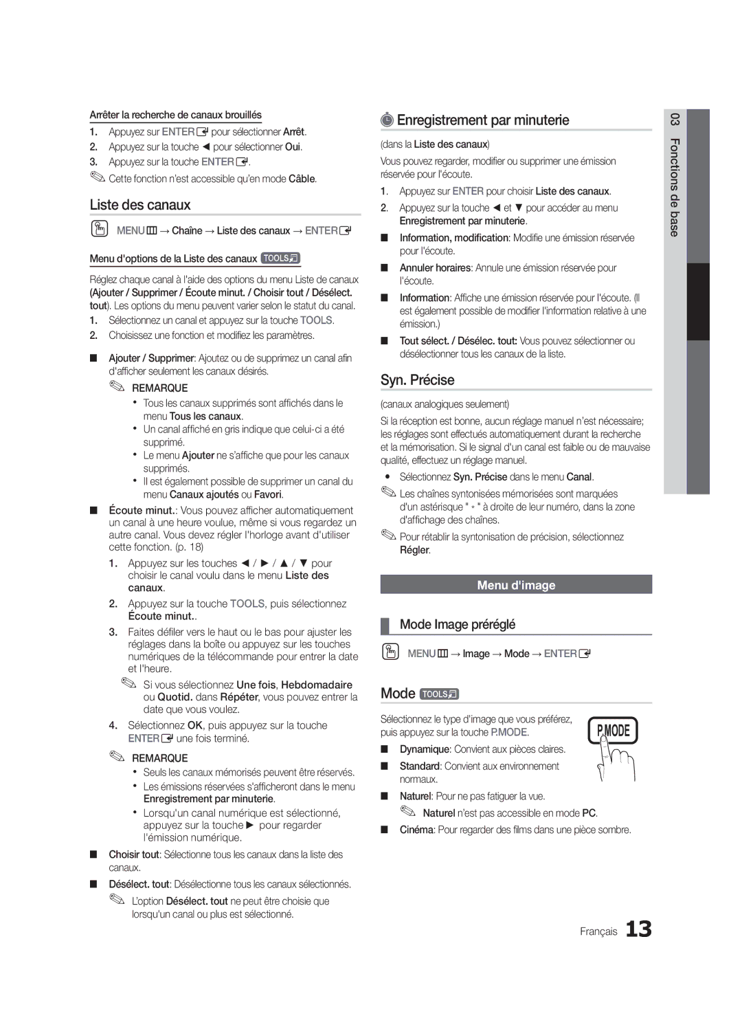 Samsung LN40C610 user manual Enregistrement par minuterie, Syn. Précise, Mode Image préréglé, Menu dimage 