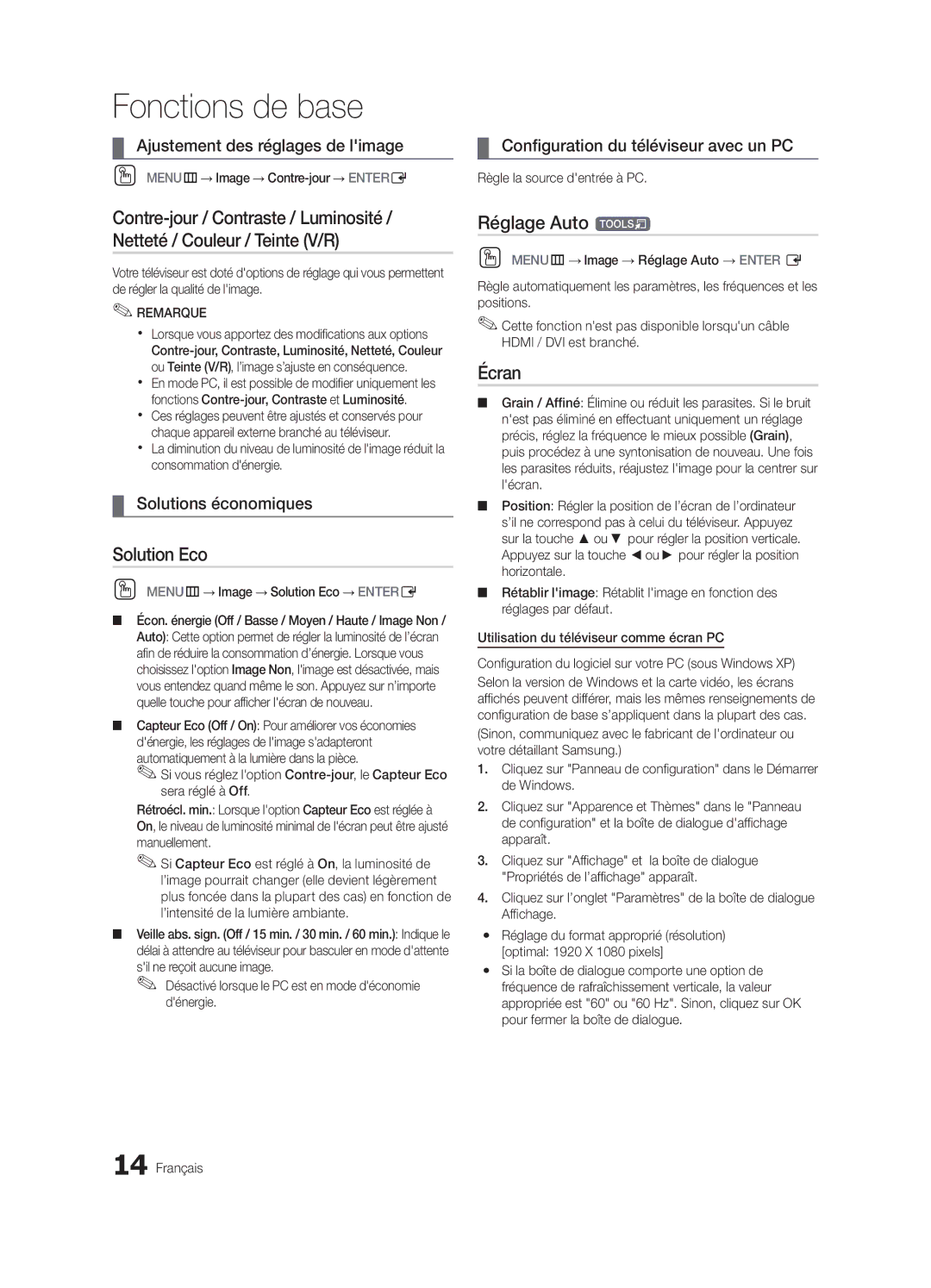 Samsung LN40C610 user manual Solution Eco, Réglage Auto t, Écran, Solutions économiques 