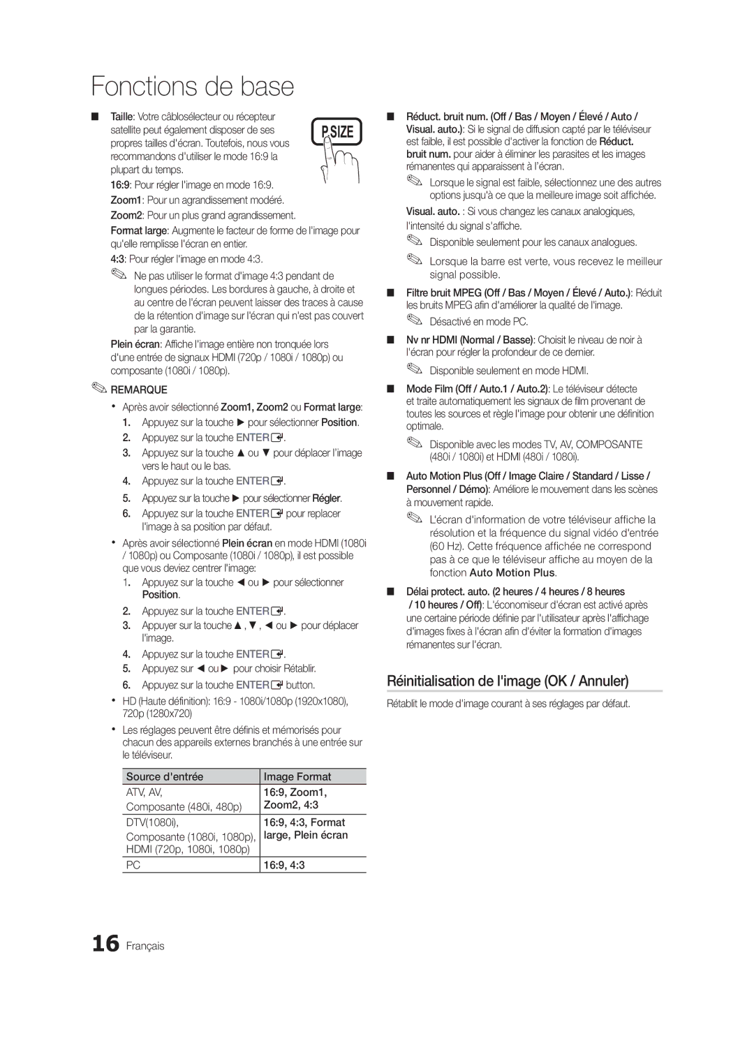 Samsung LN40C610 user manual Réinitialisation de limage OK / Annuler, Composante 480i, 480p Zoom2 DTV1080i 169, 43, Format 