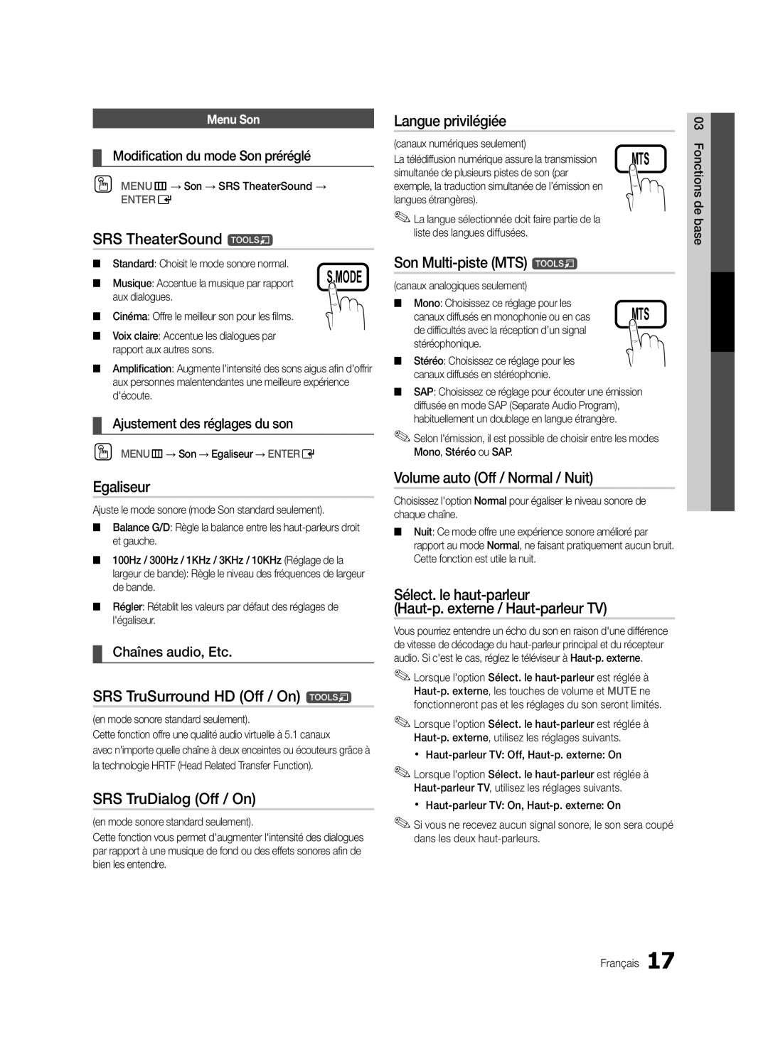 Samsung LN40C610 user manual Egaliseur, Langue privilégiée, Son Multi-piste MTS t, Volume auto Off / Normal / Nuit 