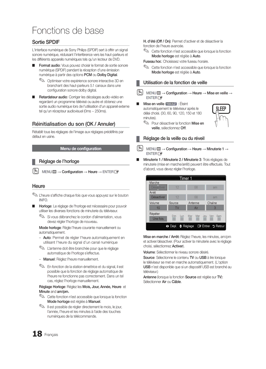 Samsung LN40C610 user manual Sortie Spdif, Réinitialisation du son OK / Annuler, Heure 