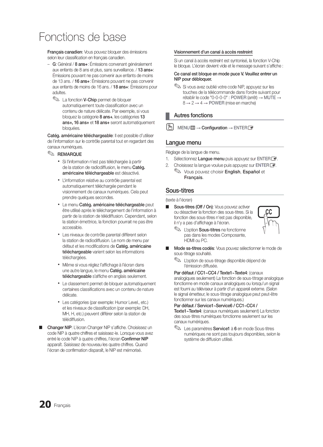 Samsung LN40C610 user manual Langue menu, Sous-titres, Adultes Visionnement dun canal à accès restreint, Texte à l’écran 