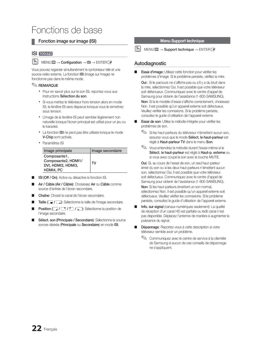 Samsung LN40C610 user manual ISI t, Autodiagnostic, Fonction image sur image ISI, Menu Support technique 