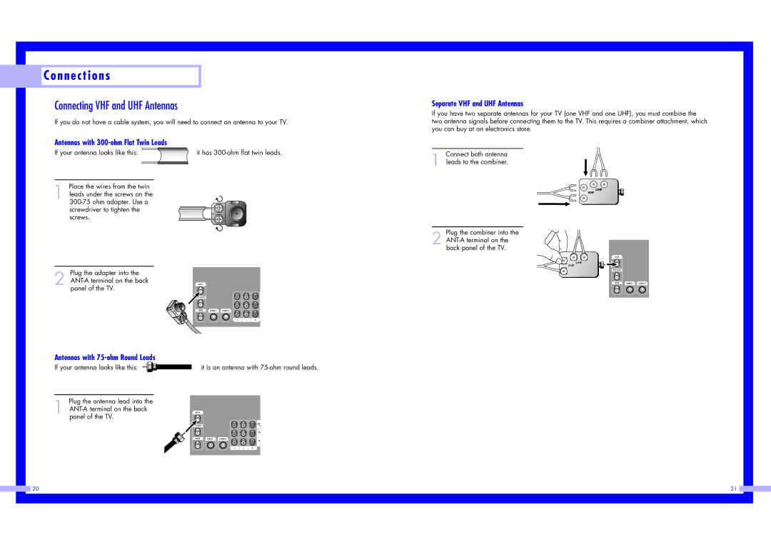 Samsung LN437W instruction manual N n e c t i o n s, Connecting VHF and UHF Antennas, Antennas with 300-ohm Flat Twin Leads 