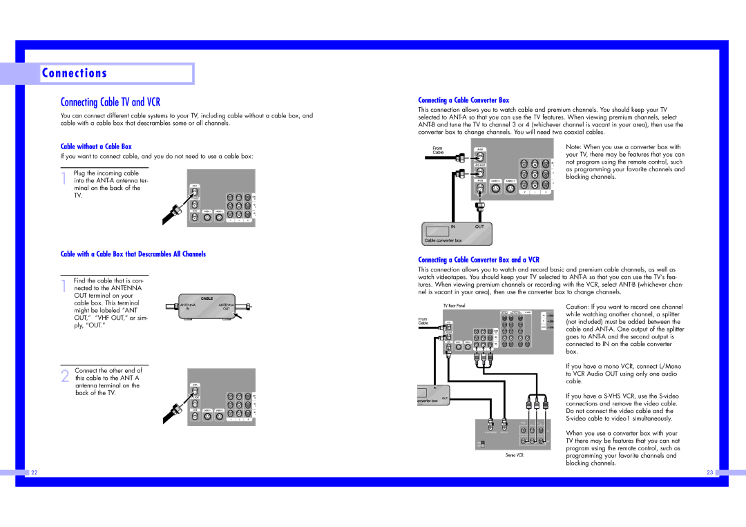 Samsung LN437W instruction manual Connecting Cable TV and VCR, Cable without a Cable Box, Connecting a Cable Converter Box 