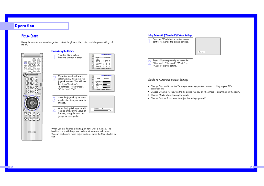 Samsung LN437W instruction manual Picture Control, Customizing the Picture, Using Automatic Standard Picture Settings 