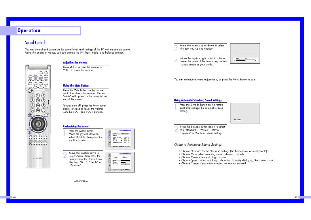 Samsung LN437W instruction manual Sound Control, Adjusting the Volume, Using the Mute Button, Customizing the Sound 