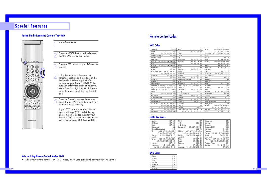 Samsung LN437W Remote Control Codes, Setting Up the Remote to Operate Your DVD, VCR Codes Cable Box Codes DVD Codes 