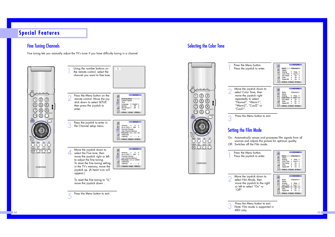 Samsung LN437W instruction manual Fine Tuning Channels, Selecting the Color Tone, Setting the Film Mode 