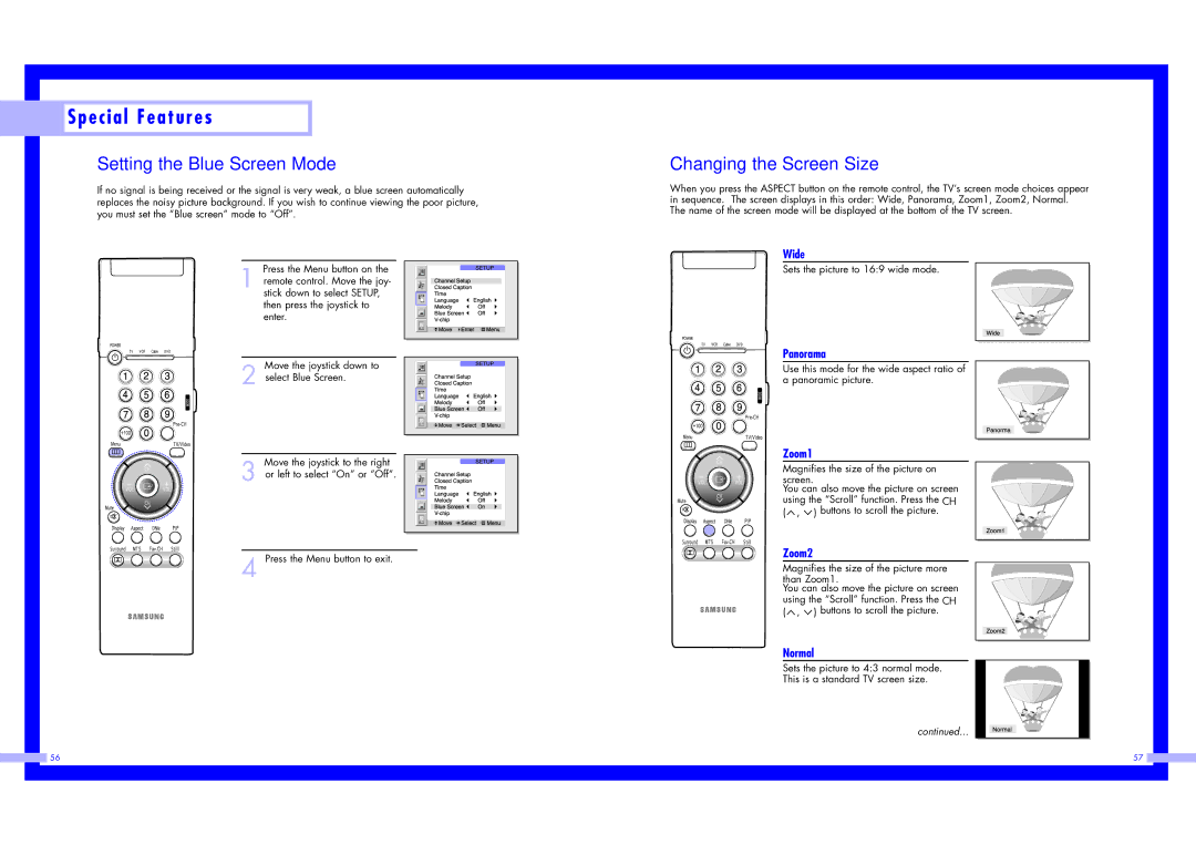 Samsung LN437W instruction manual Setting the Blue Screen Mode, Changing the Screen Size 