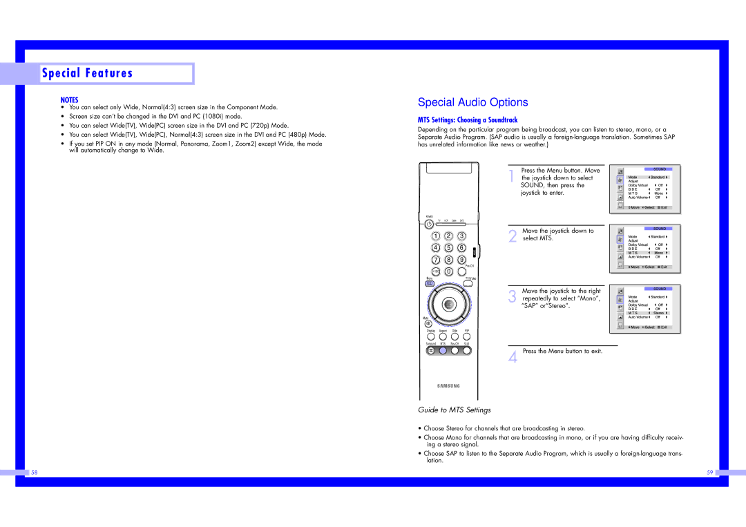 Samsung LN437W instruction manual Special Audio Options, MTS Settings Choosing a Soundtrack 