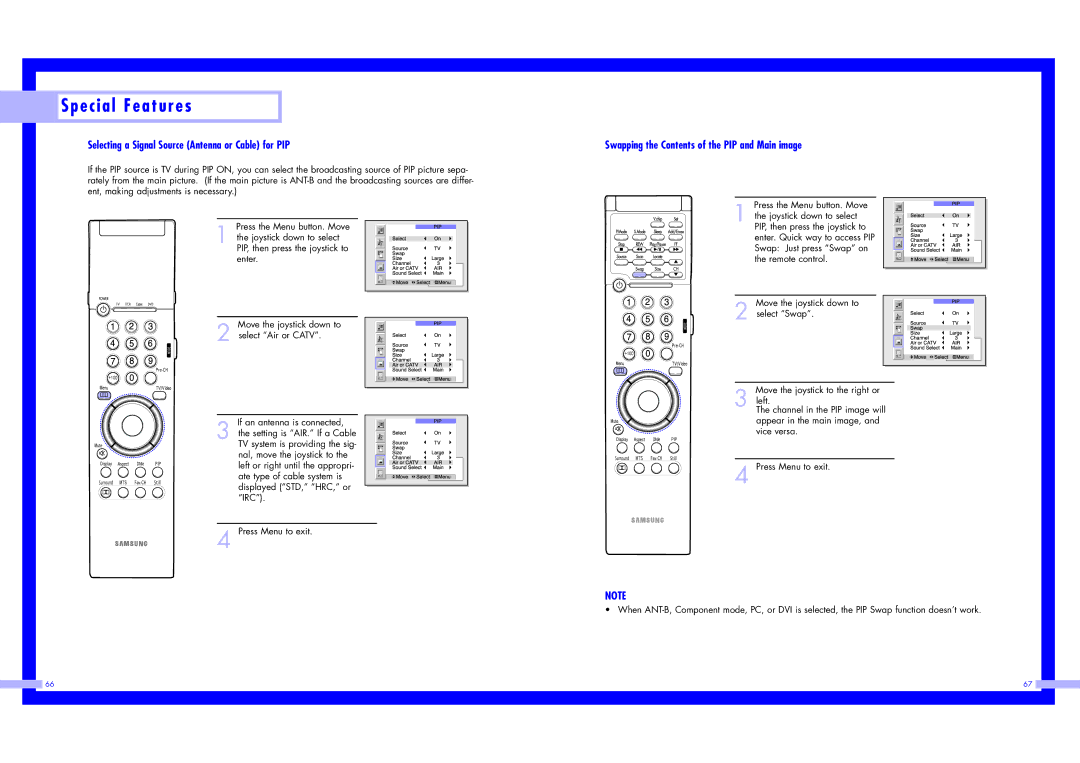 Samsung LN437W Selecting a Signal Source Antenna or Cable for PIP, Swapping the Contents of the PIP and Main image 