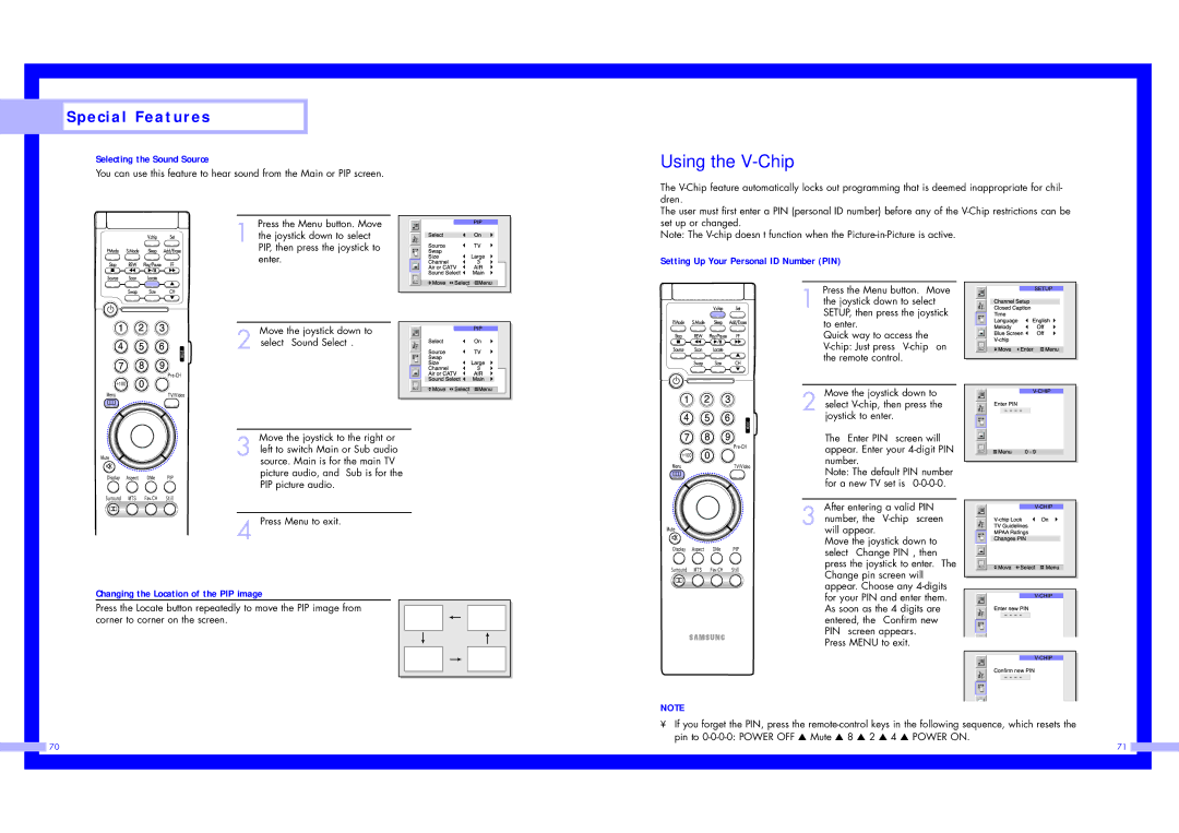 Samsung LN437W instruction manual Using the V-Chip, Selecting the Sound Source, Changing the Location of the PIP image 