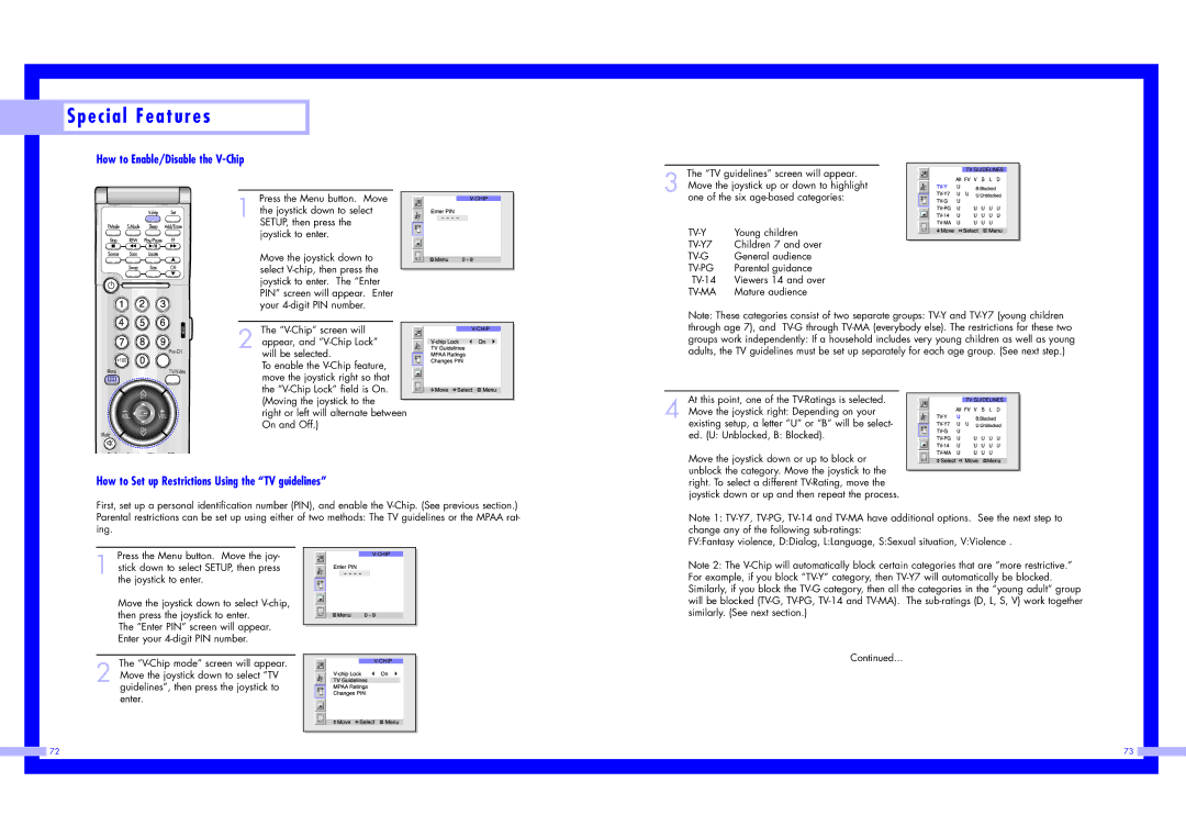 Samsung LN437W instruction manual E c i a l F e a t u r e s, How to Enable/Disable the V-Chip 