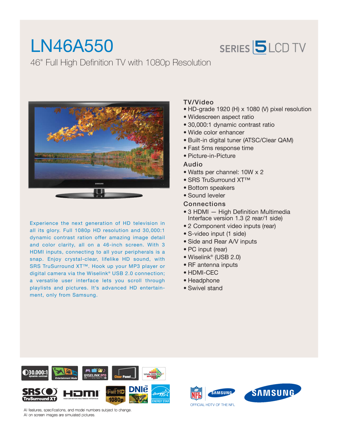 Samsung LN46A550 specifications Full High Definition TV with 1080p Resolution 