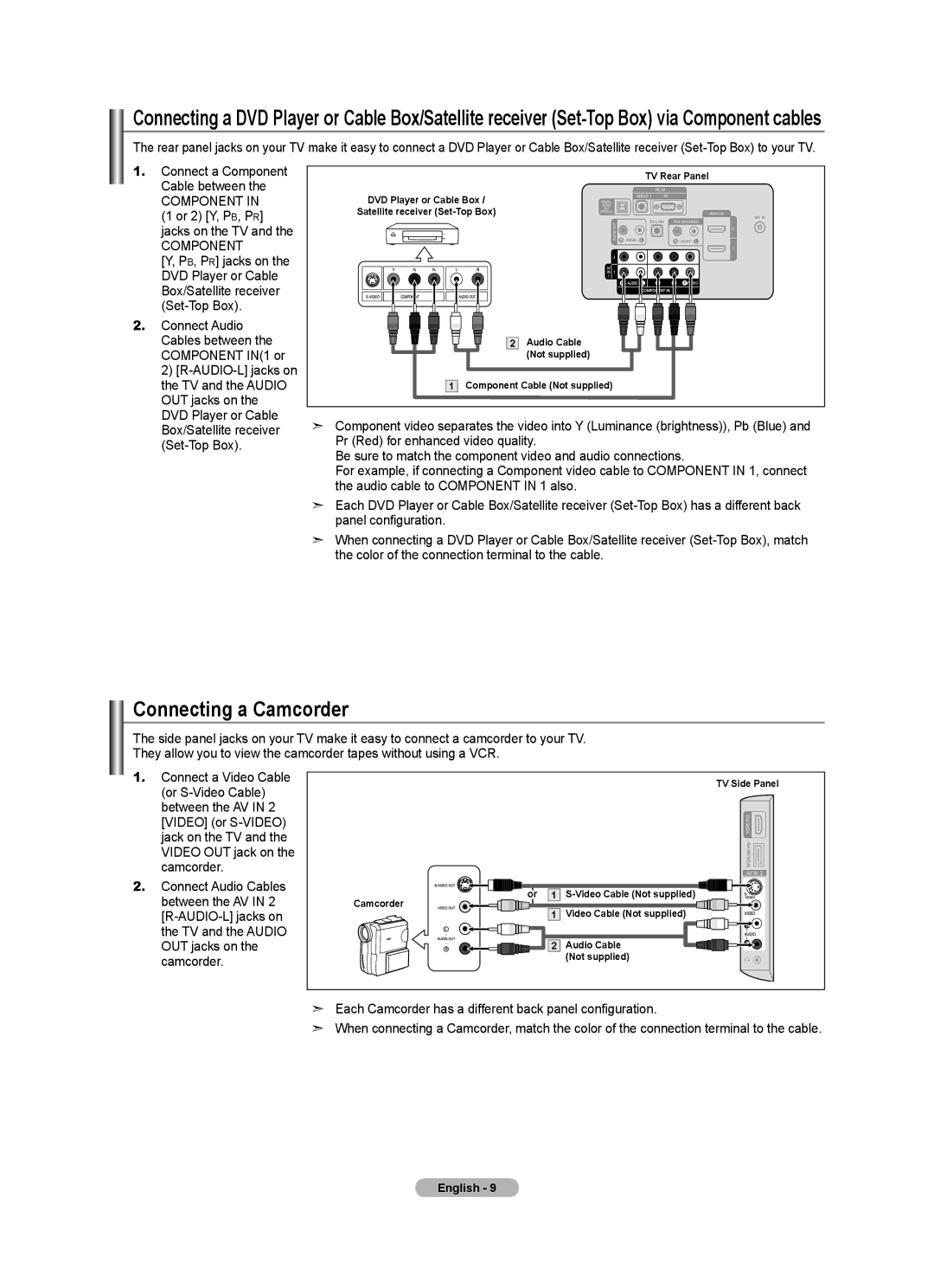 Samsung LN46A630 user manual Connecting a Camcorder, Connect Audio Cables, Between the AV 