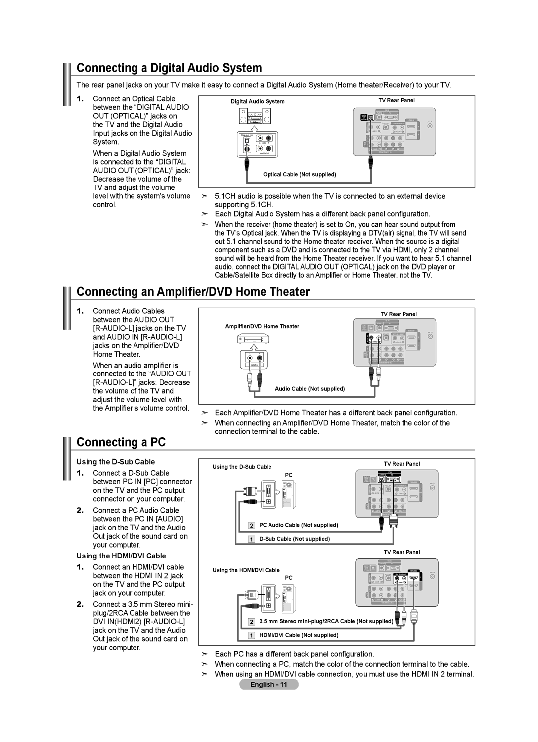 Samsung LN46A630 user manual Connecting a Digital Audio System, Connecting an Amplifier/DVD Home Theater, Connecting a PC 