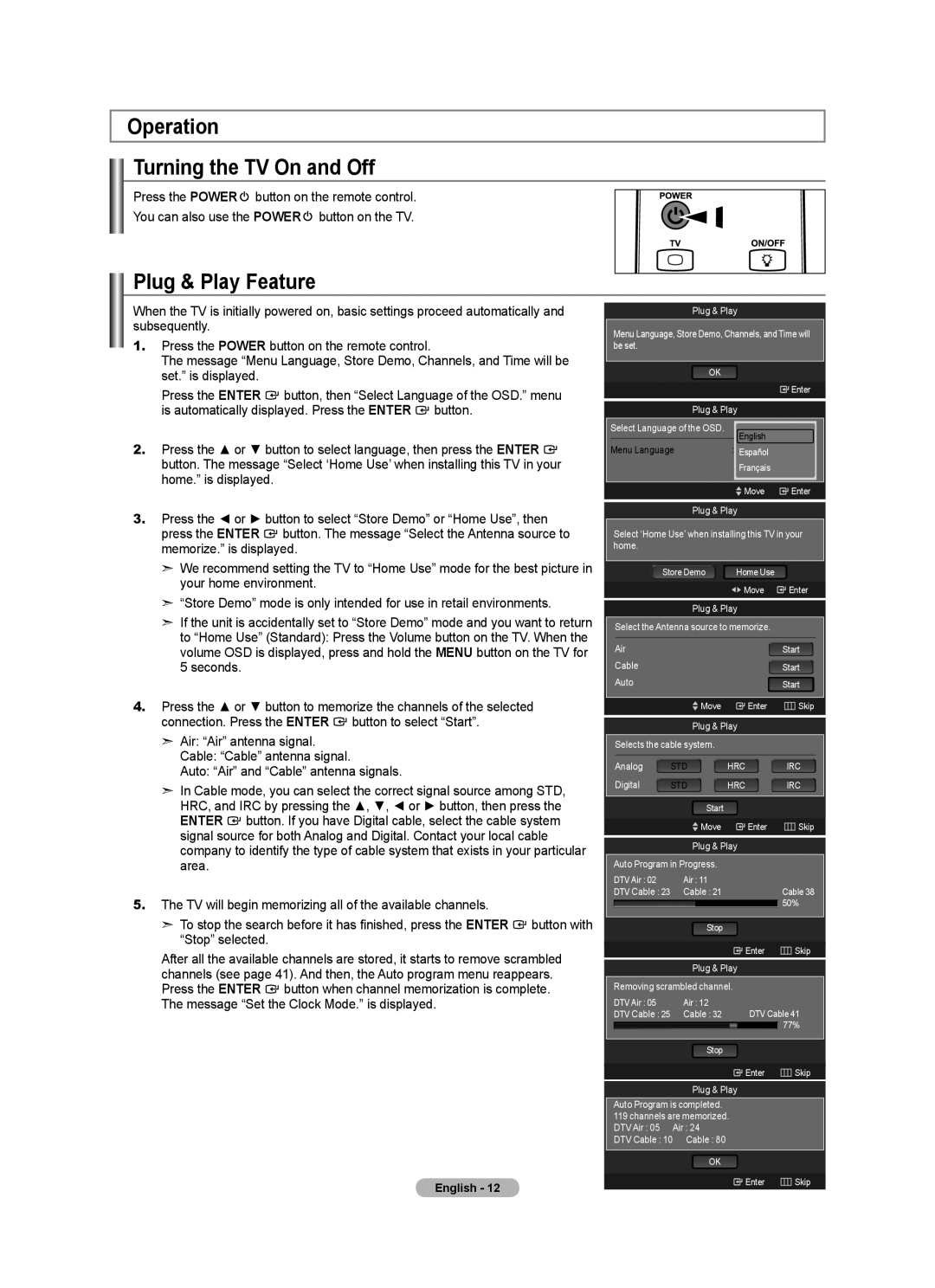 Samsung LN46A630 user manual Operation Turning the TV On and Off, Plug & Play Feature 