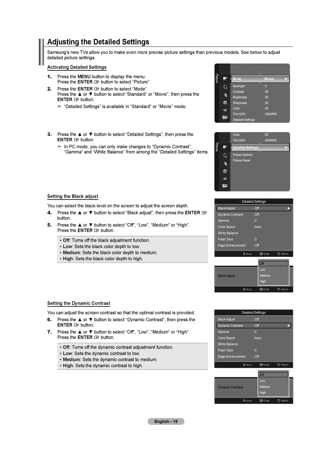 Samsung LN46A630 user manual Adjusting the Detailed Settings, Activating Detailed Settings, Setting the Black adjust 