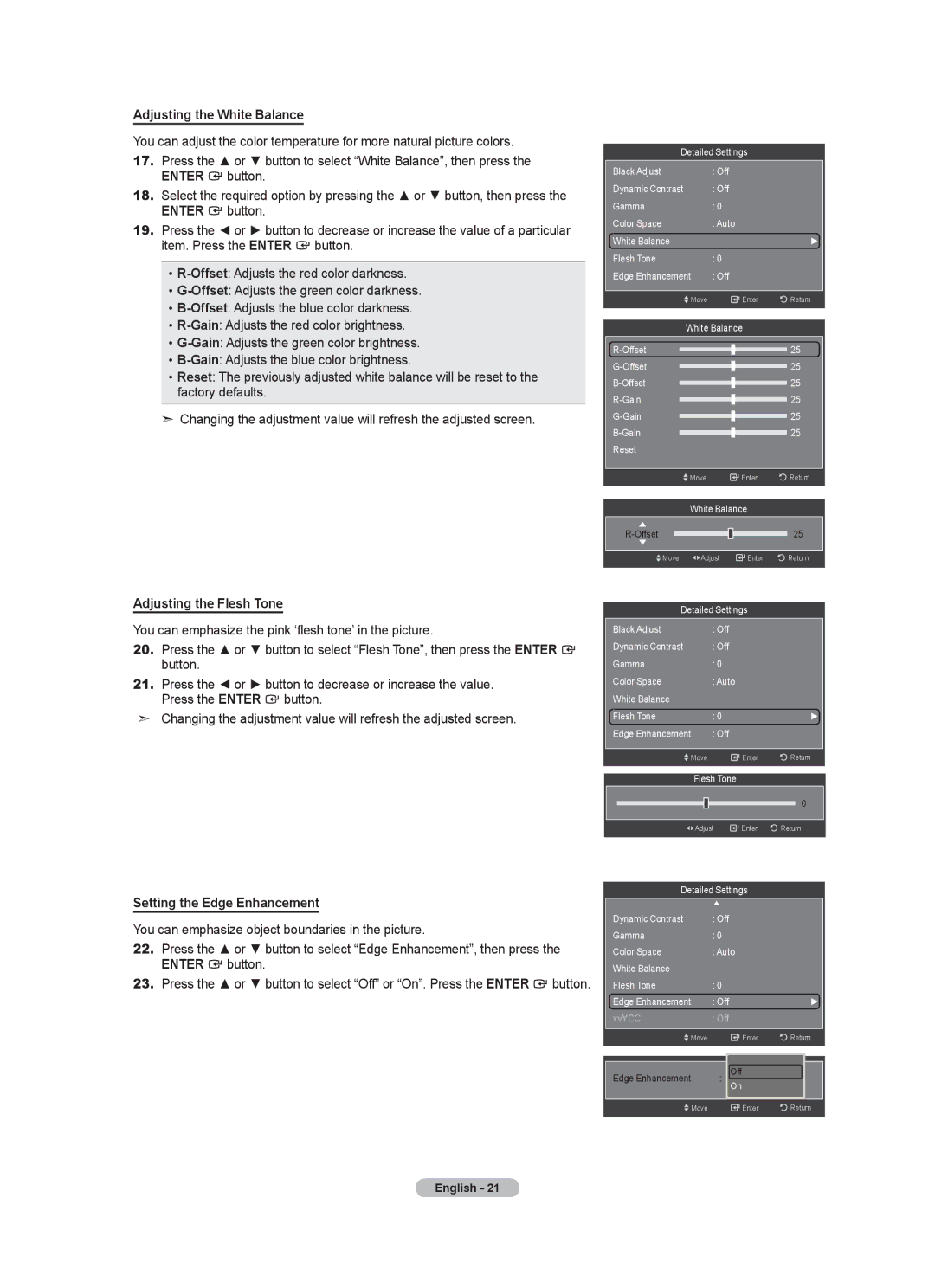 Samsung LN46A630 user manual Adjusting the White Balance, Adjusting the Flesh Tone, Setting the Edge Enhancement 