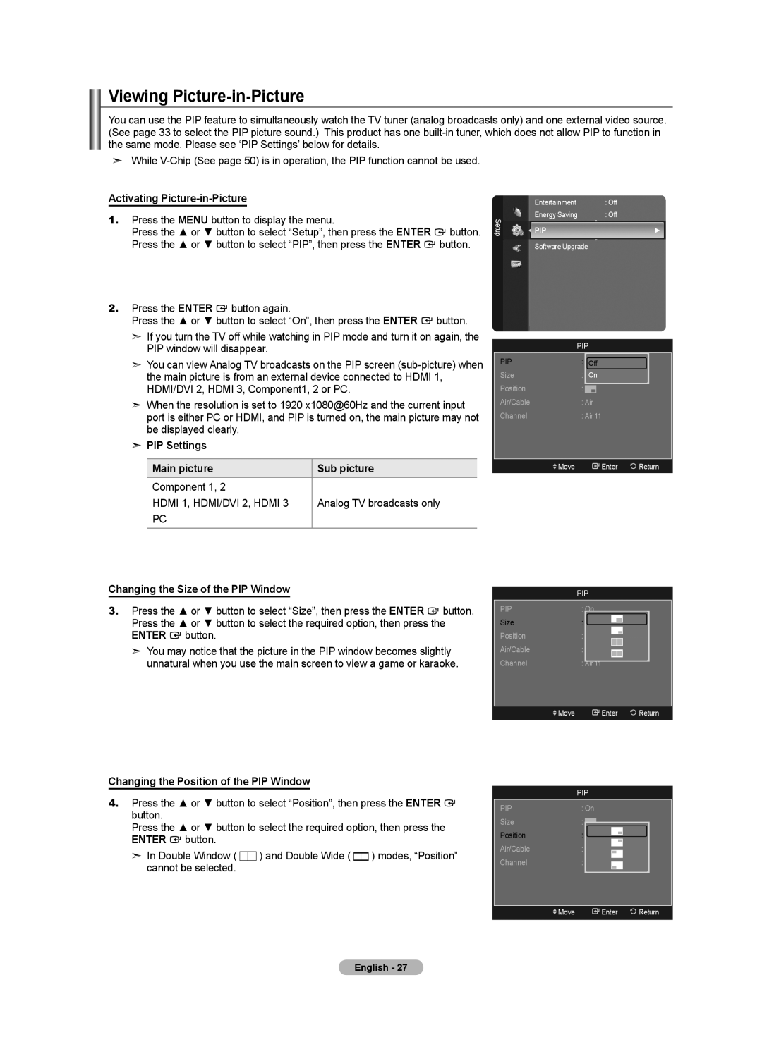 Samsung LN46A630 Viewing Picture-in-Picture, Activating Picture-in-Picture, PIP Settings Main picture Sub picture 