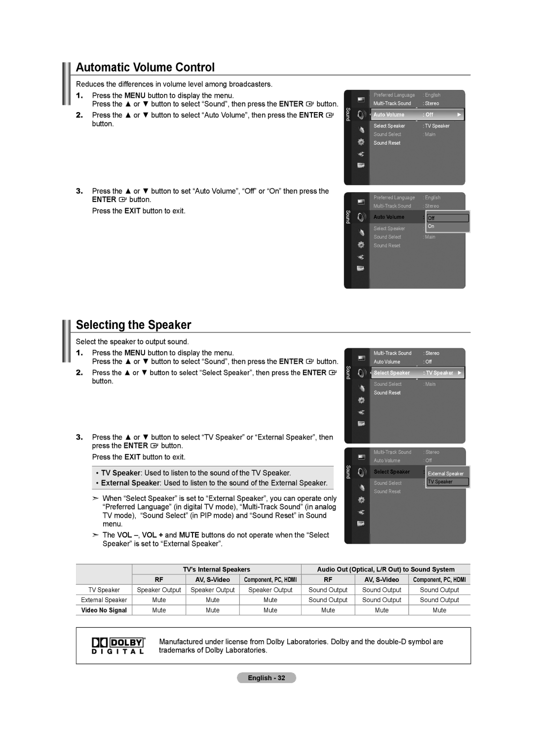 Samsung LN46A630 user manual Automatic Volume Control, Selecting the Speaker, Enter button Press the Exit button to exit 