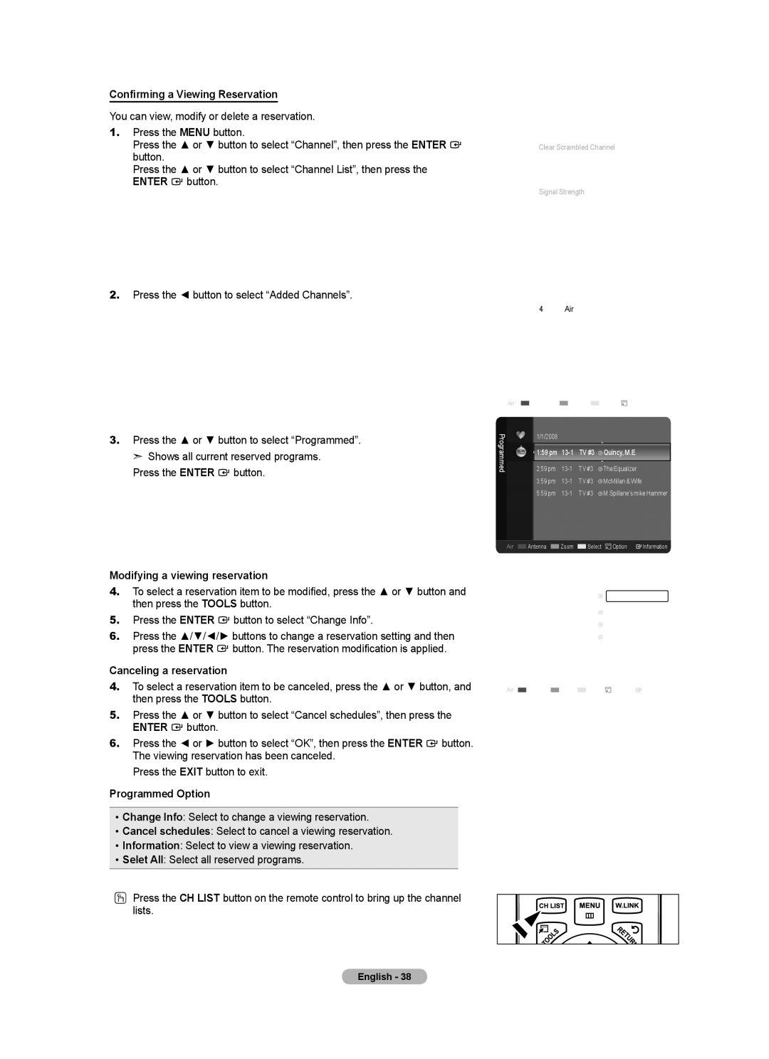 Samsung LN46A630 user manual Confirming a Viewing Reservation, Modifying a viewing reservation, Canceling a reservation 