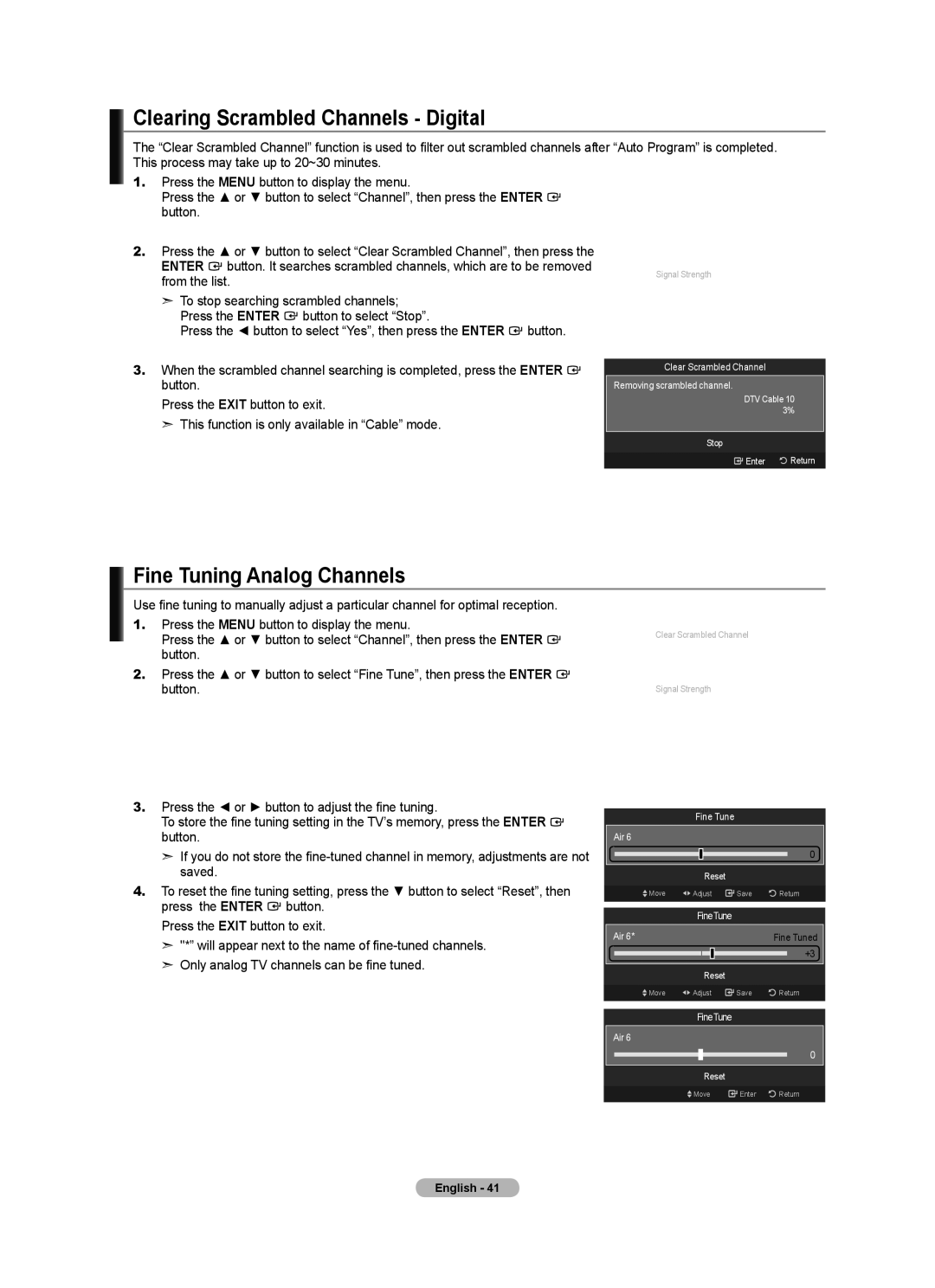Samsung LN46A630 Clearing Scrambled Channels Digital, Fine Tuning Analog Channels, Clear Scrambled Channel, Fine Tune 
