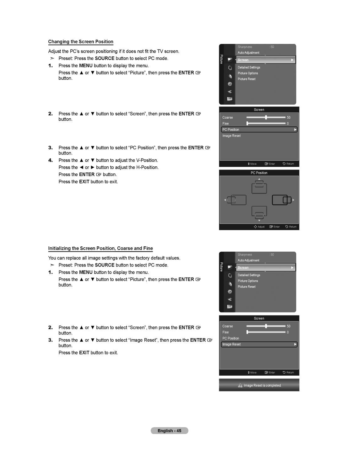 Samsung LN46A630 user manual Changing the Screen Position, Initializing the Screen Position, Coarse and Fine 