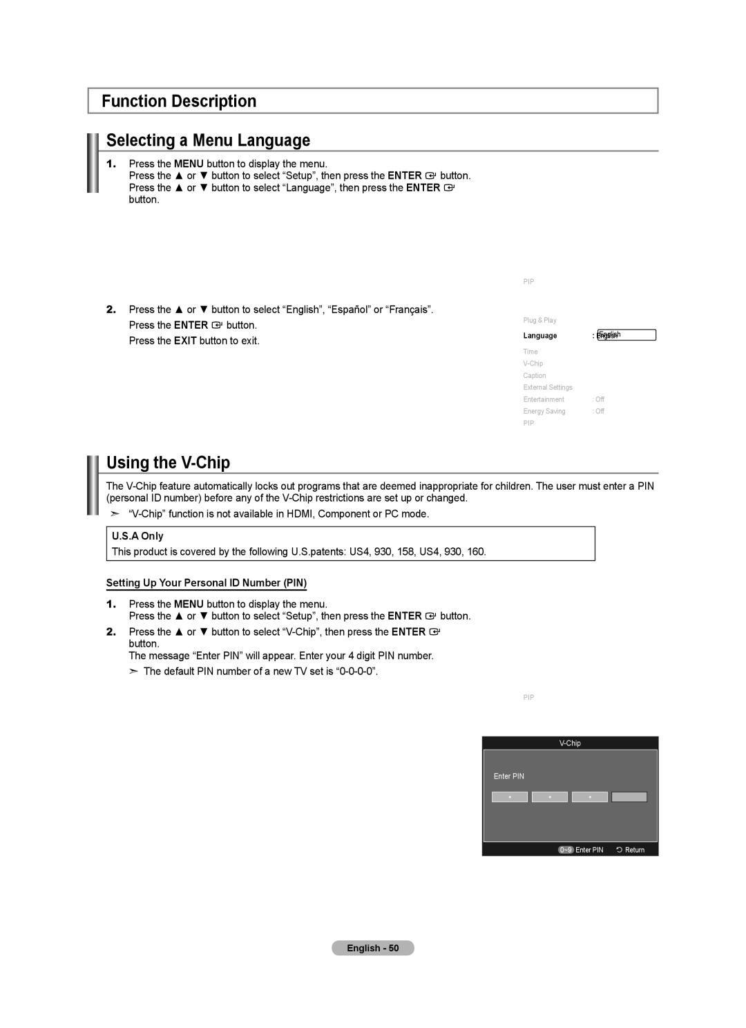 Samsung LN46A630 Function Description Selecting a Menu Language, Using the V-Chip, Setting Up Your Personal ID Number PIN 