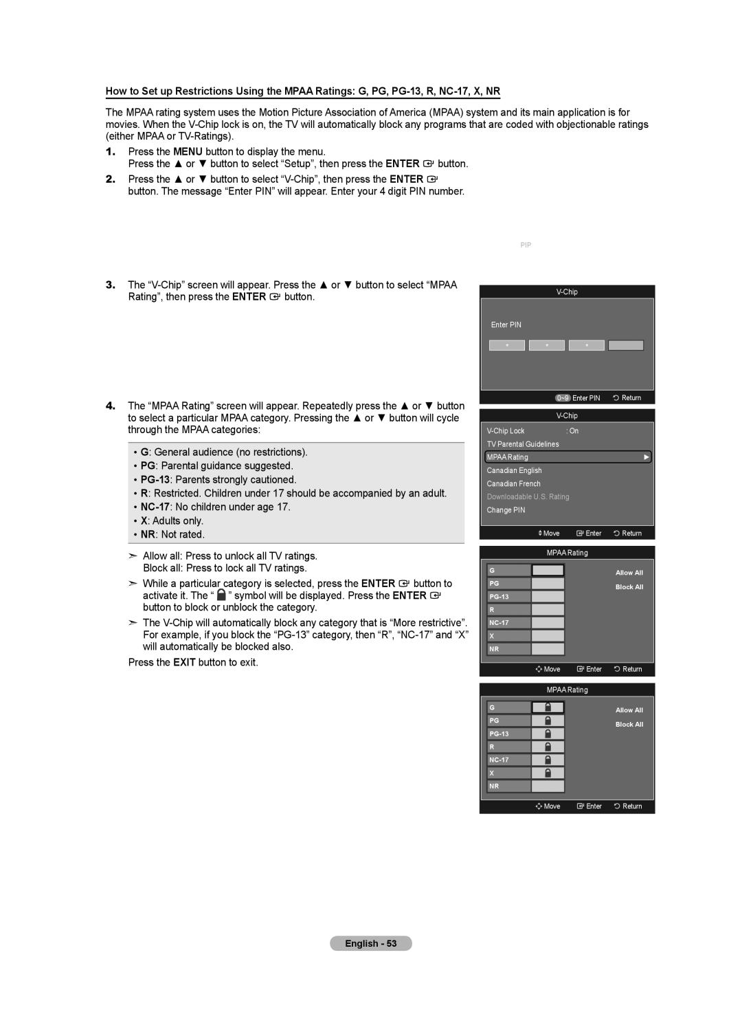 Samsung LN46A630 user manual Chip Lock TV Parental Guidelines Mpaa Rating 