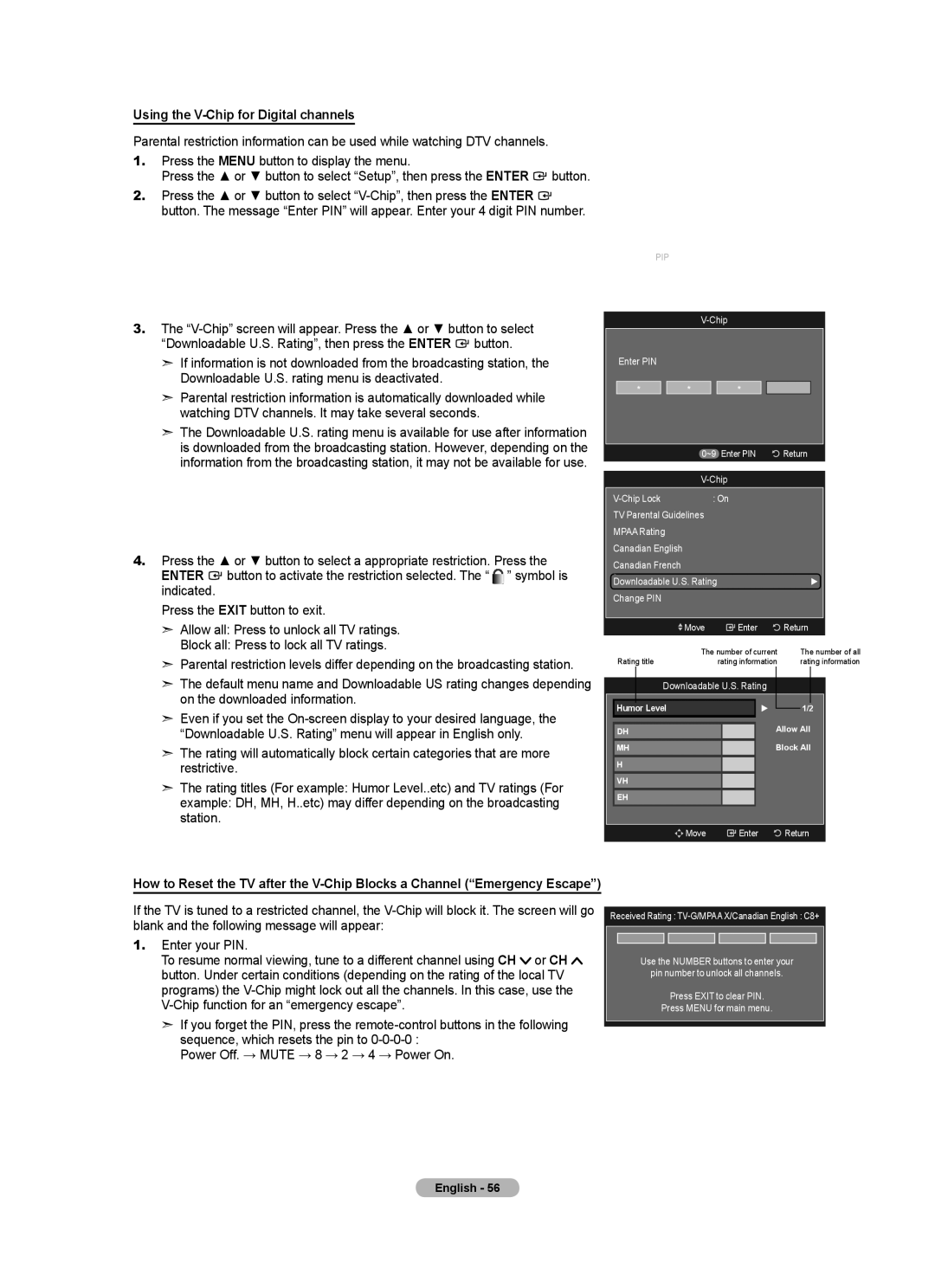 Samsung LN46A630 user manual Using the V-Chip for Digital channels 