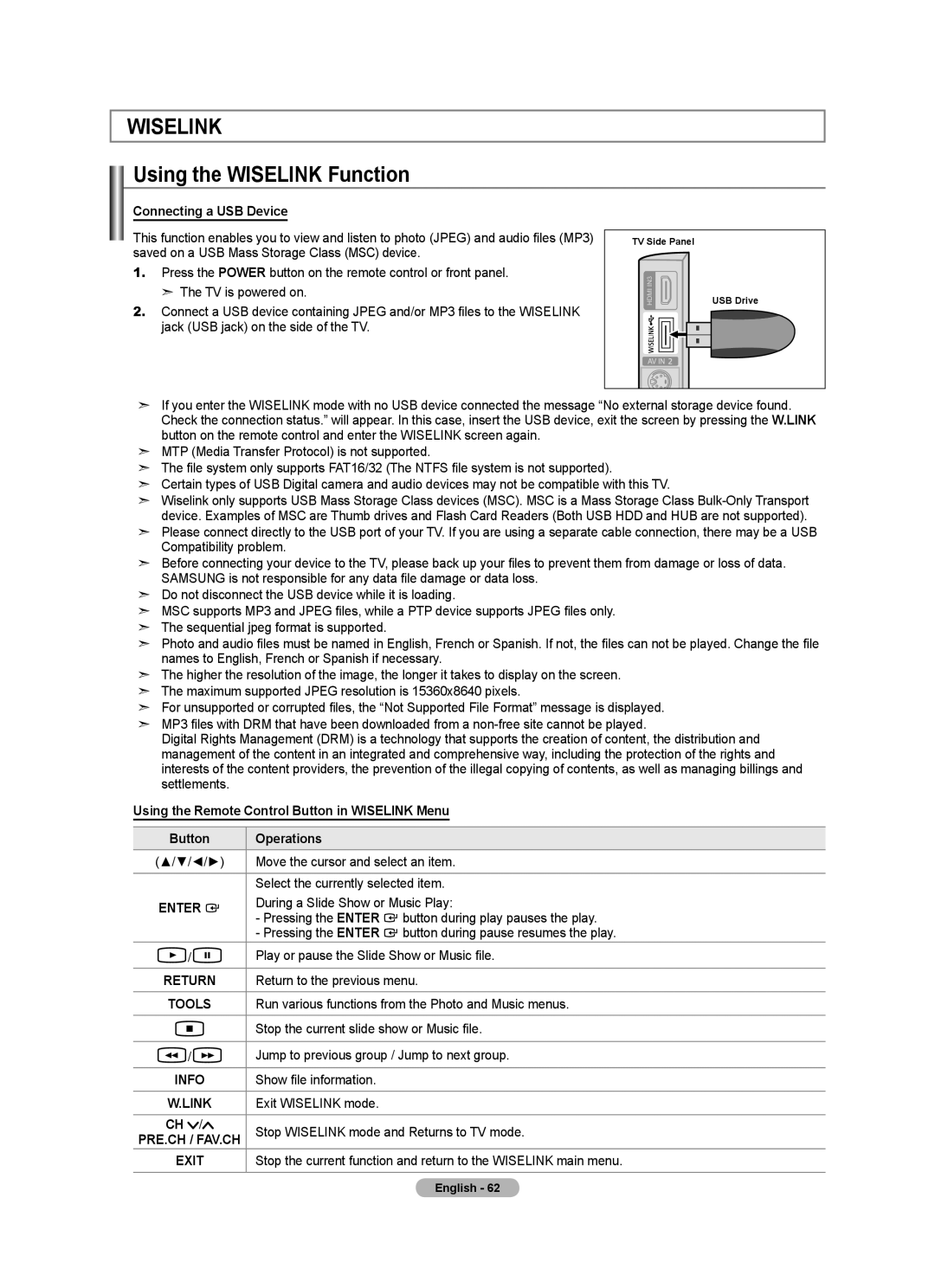 Samsung LN46A630 Using the Wiselink Function, Connecting a USB Device, Using the Remote Control Button in Wiselink Menu 