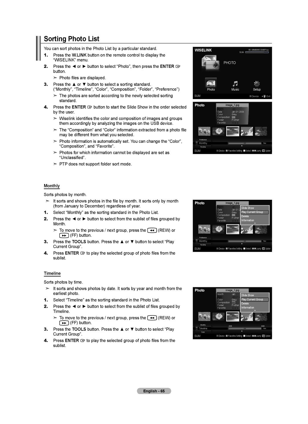 Samsung LN46A630 user manual Sorting Photo List, Monthly, Timeline 