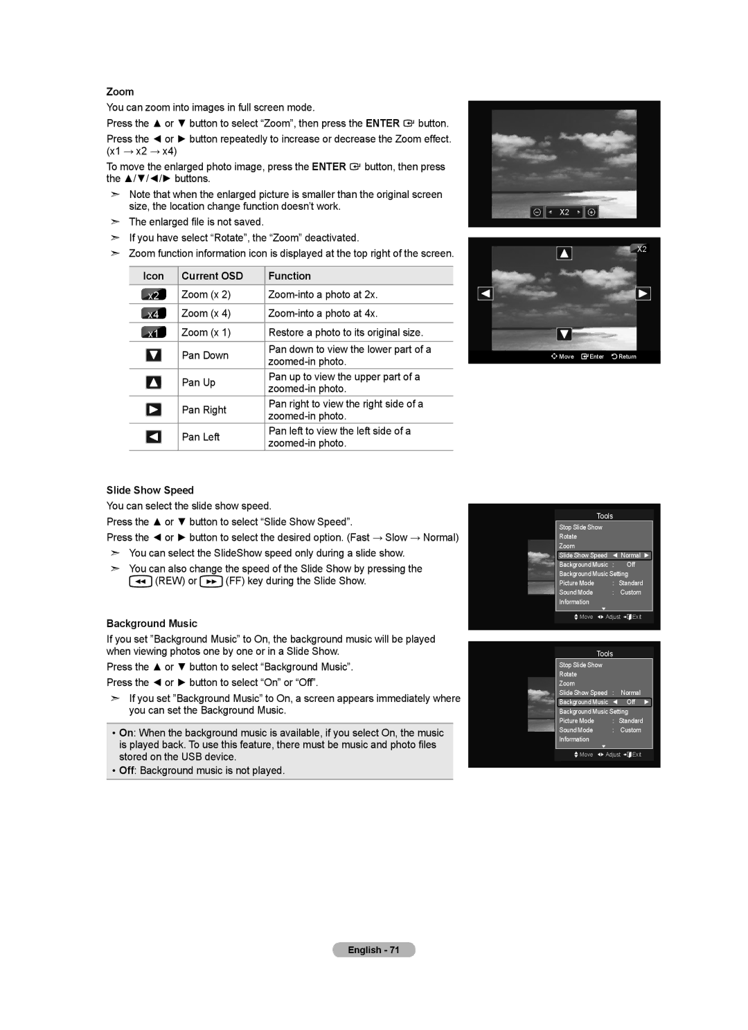 Samsung LN46A630 user manual Zoom, Slide Show Speed, Background Music 