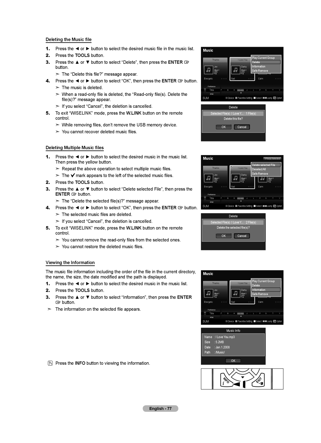 Samsung LN46A630 user manual Deleting the Music file, Deleting Multiple Music files, Viewing the Information 