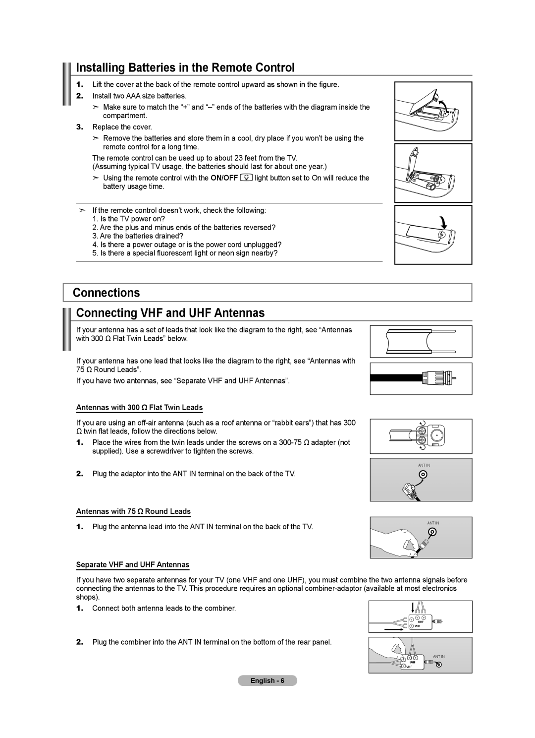 Samsung LN46A630 user manual Installing Batteries in the Remote Control, Connections Connecting VHF and UHF Antennas 