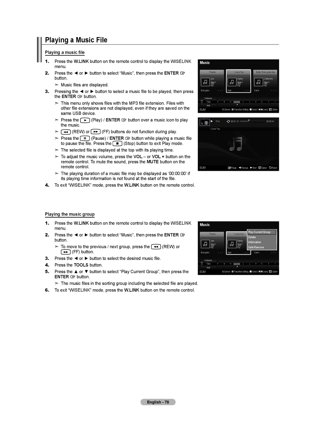 Samsung LN46A630 user manual Playing a Music File, Playing a music file, Playing the music group 