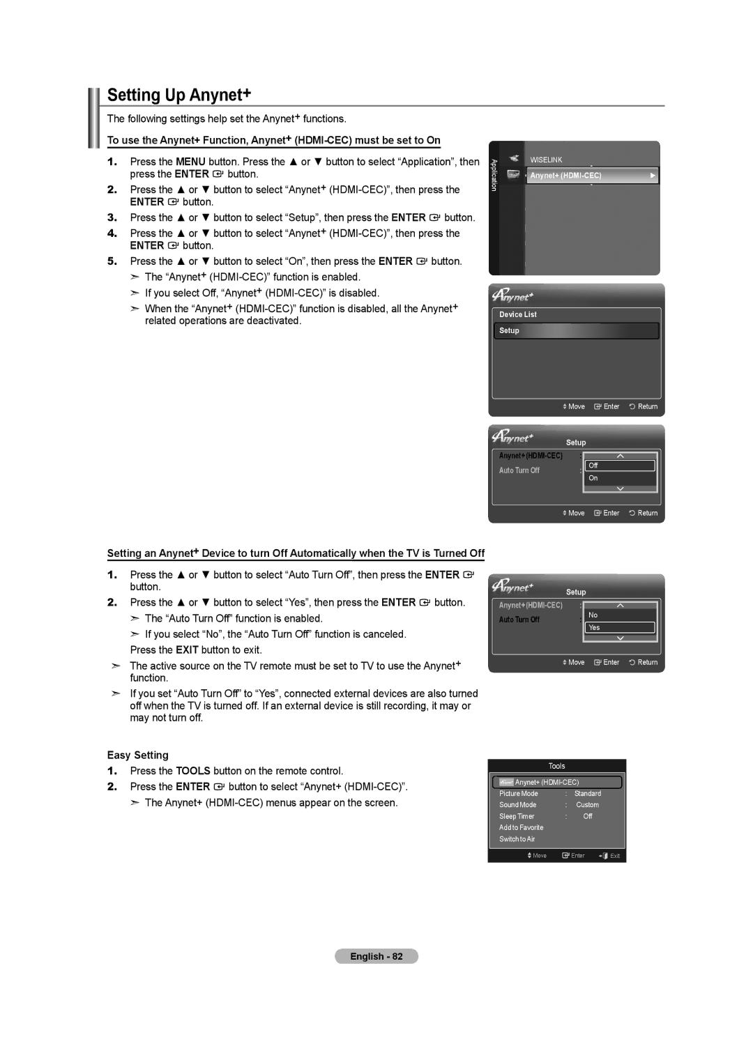 Samsung LN46A630 Setting Up Anynet+, Following settings help set the Anynet+ functions, Anynet+ HDMI-CEC Device List Setup 