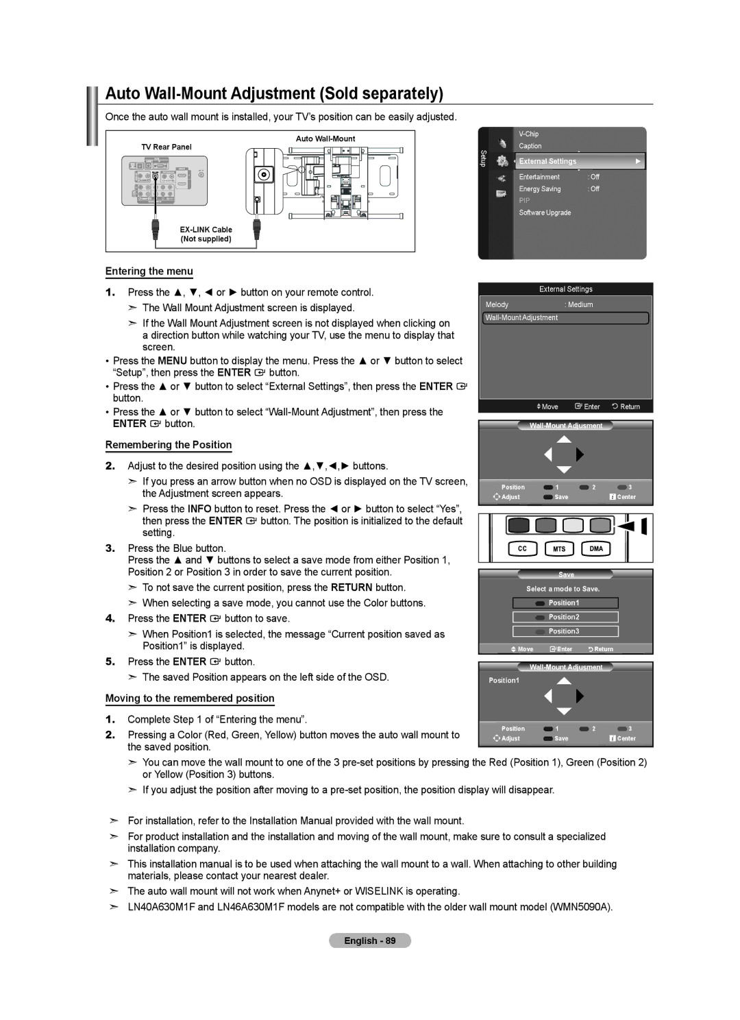 Samsung LN46A630 user manual Auto Wall-Mount Adjustment Sold separately, Entering the menu, Remembering the Position 