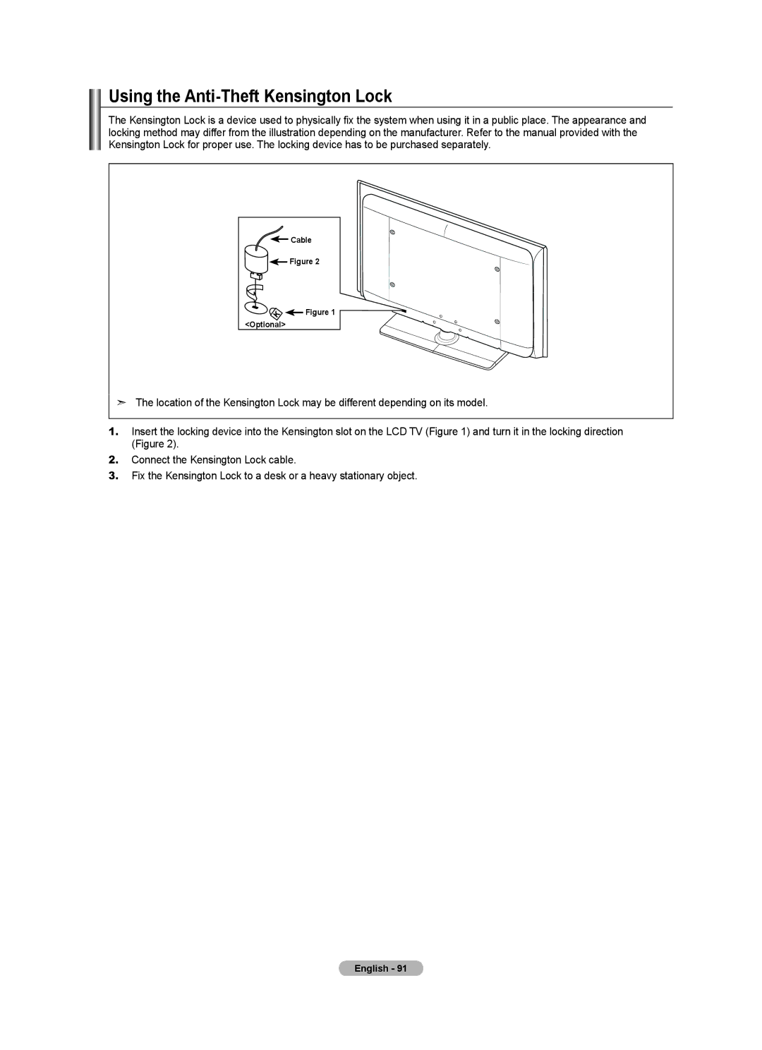 Samsung LN46A630 user manual Using the Anti-Theft Kensington Lock, Optional 